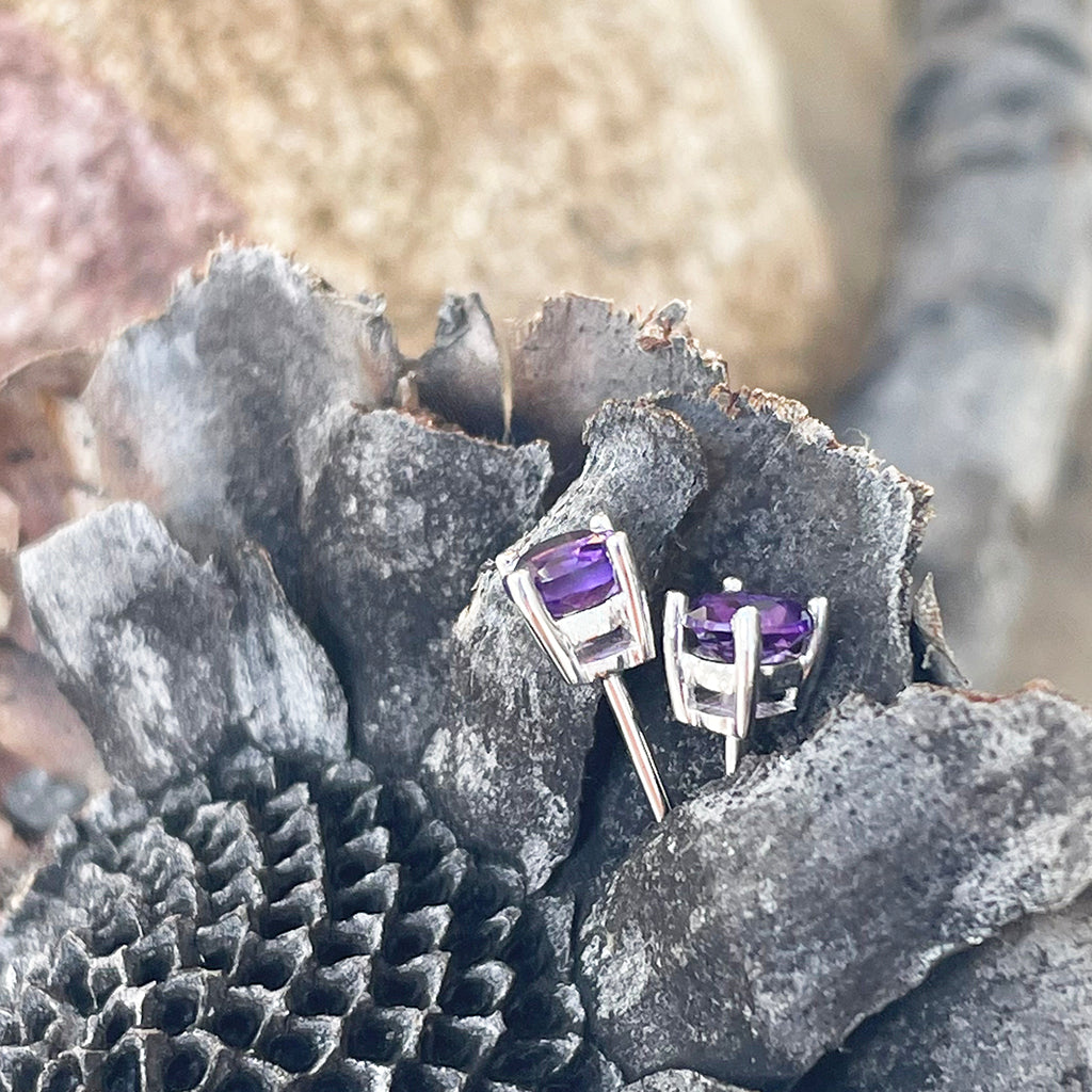 Classic White Gold Four Claw Round Cut Amethyst Studs