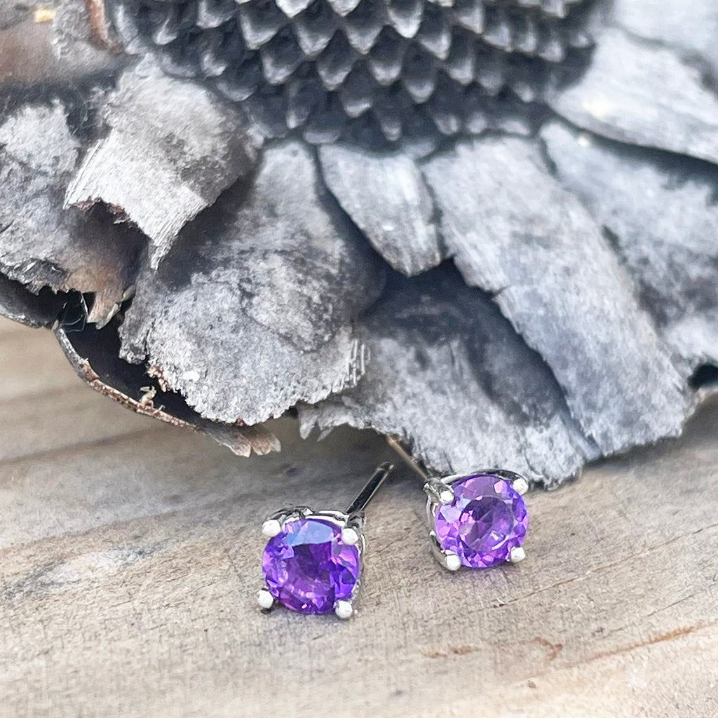 Classic White Gold Four Claw Round Cut Amethyst Studs