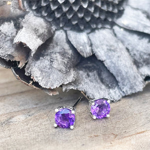 Classic White Gold Four Claw Round Cut Amethyst Studs