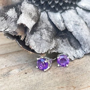 Classic White Gold Four Claw Round Cut Amethyst Studs