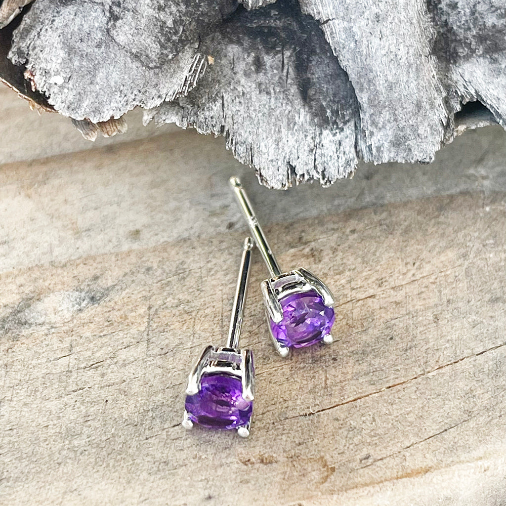 Classic White Gold Four Claw Round Cut Amethyst Studs