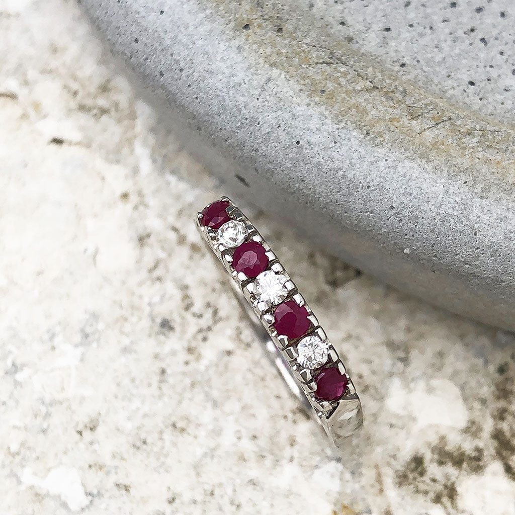 Contemporary Four Claw Ruby and Diamond White Gold Ring\