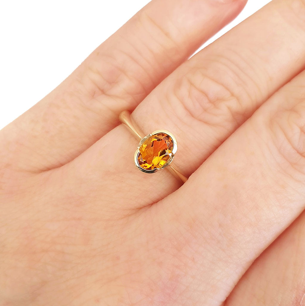 Contemporary Oval Citrine Yellow Gold Open Bezel Set Ring