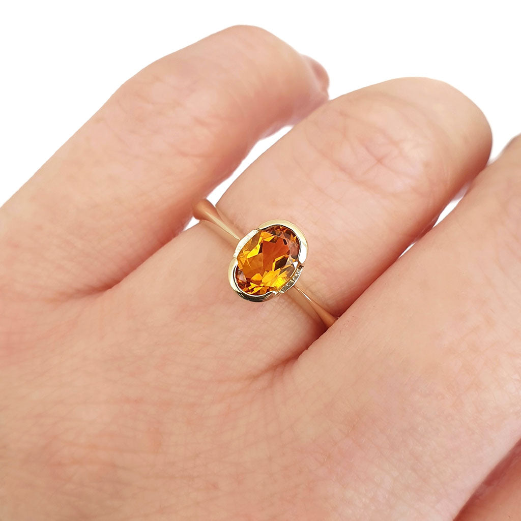 Contemporary Oval Citrine Yellow Gold Open Bezel Set Ring