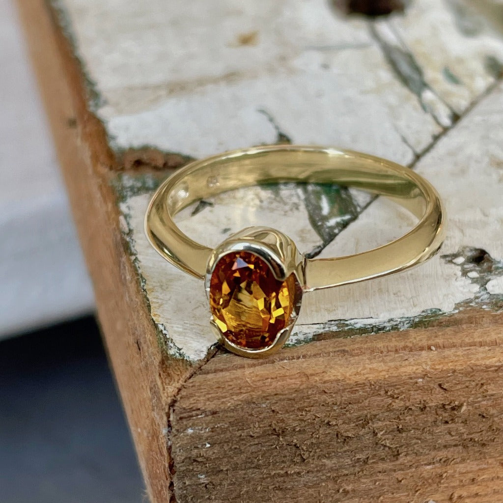 Contemporary Oval Citrine Yellow Gold Open Bezel Set Ring