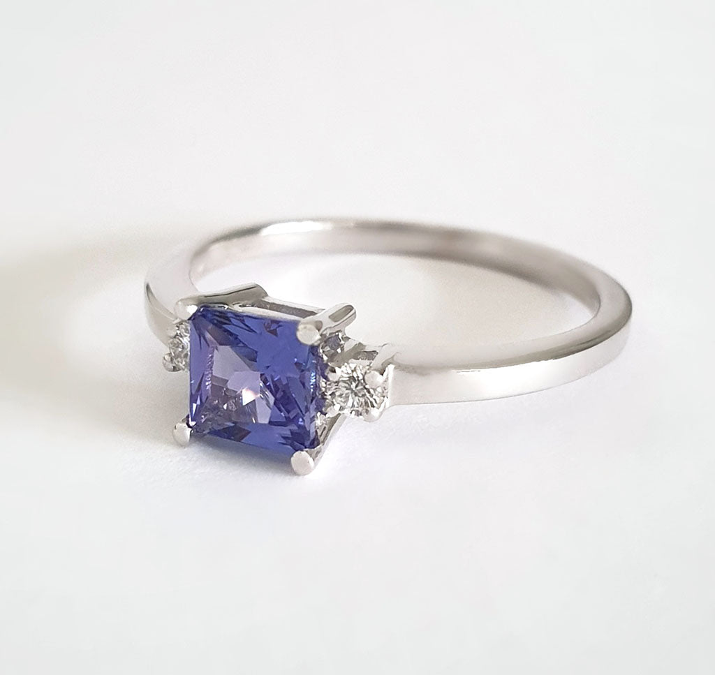 Contemporary Square Cut Tanzanite and Petite Diamond Accent Ring