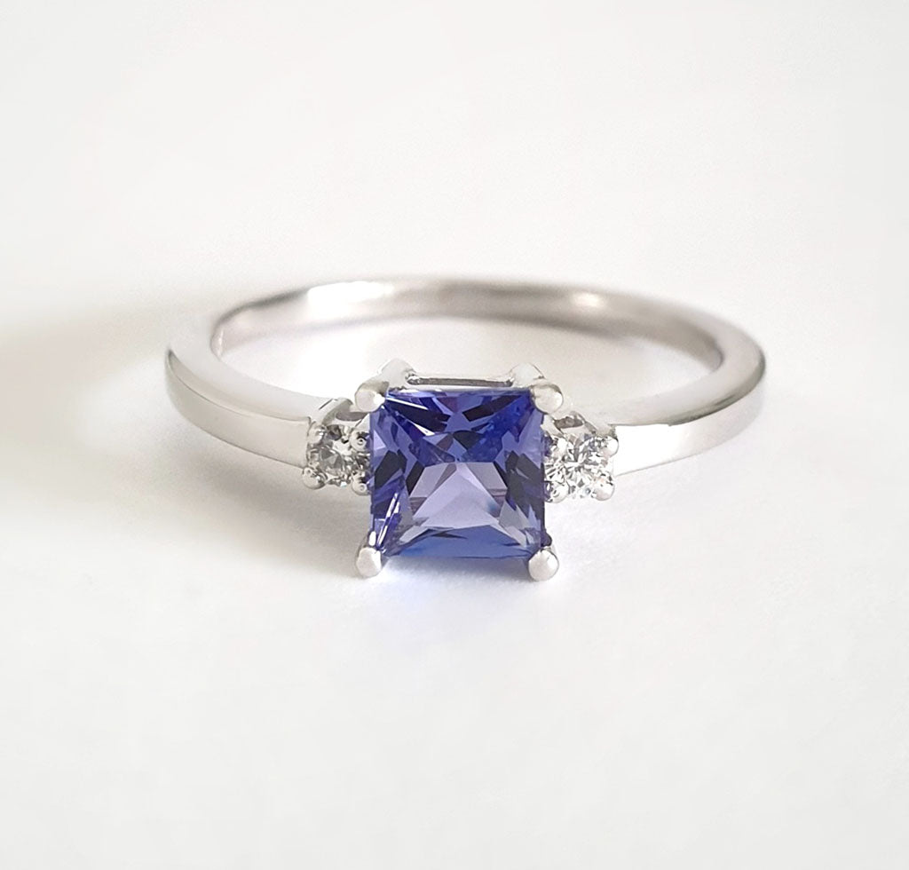 Contemporary Square Cut Tanzanite and Petite Diamond Accent Ring