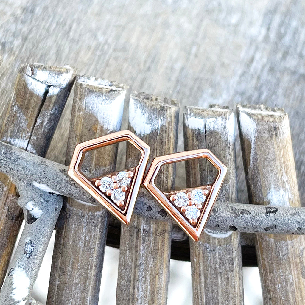 Contemporary Trilogy White Diamond and Rose Gold Shield Studs