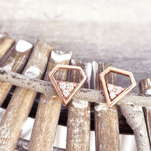 Contemporary Trilogy White Diamond and Rose Gold Shield Studs