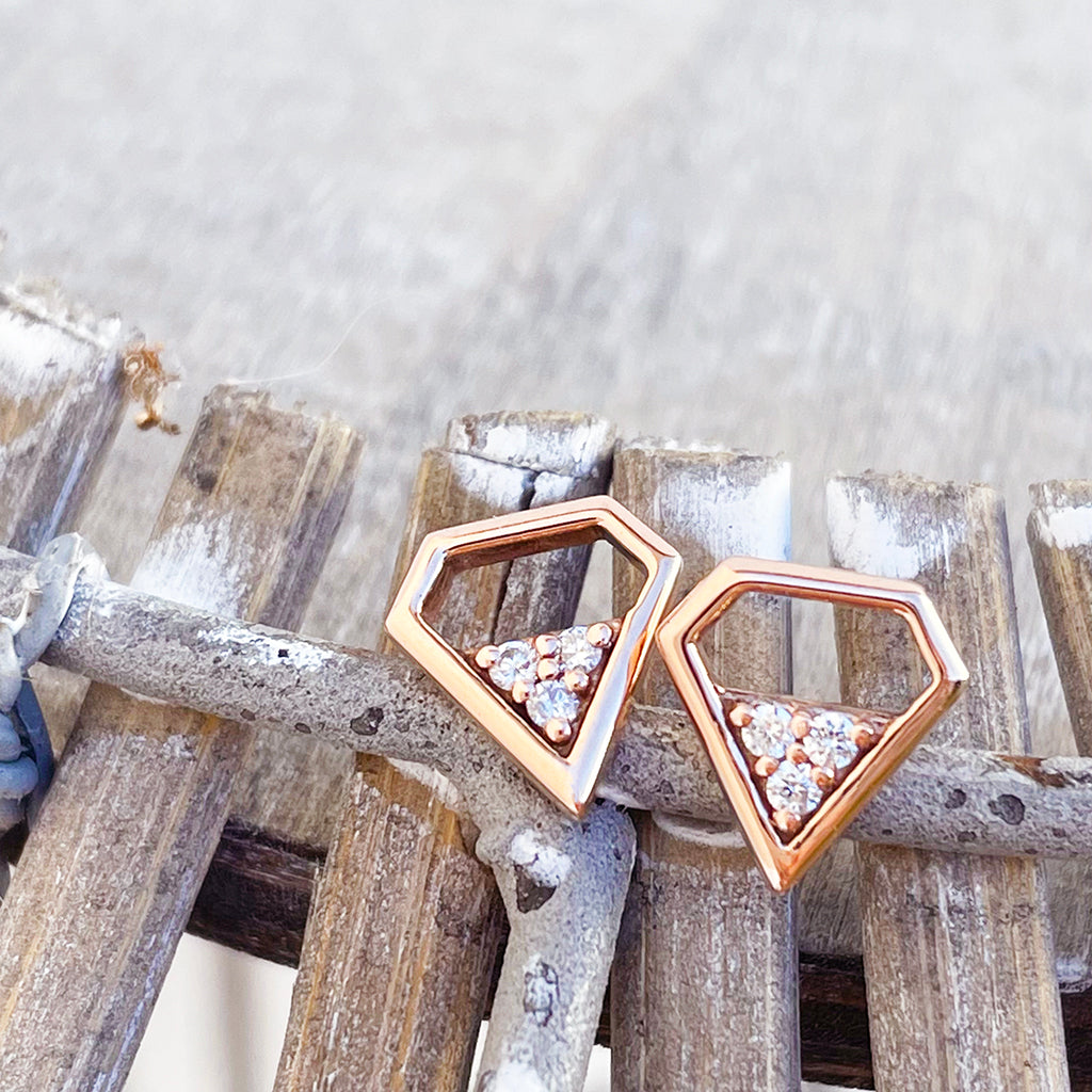 Contemporary Trilogy White Diamond and Rose Gold Shield Studs