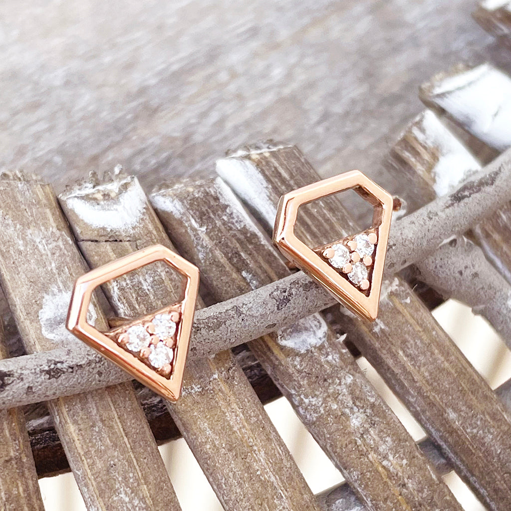 Contemporary Trilogy White Diamond and Rose Gold Shield Studs