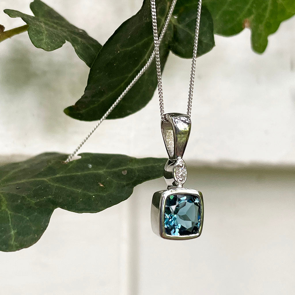 Cushion Bezel Set London Blue Topaz Pendant with Diamond accent