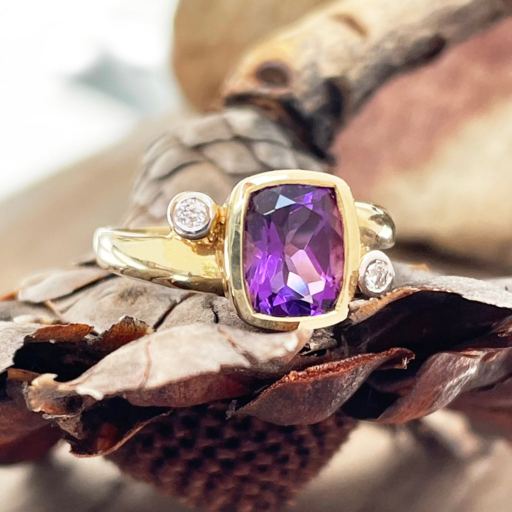 Cushion Cut Amethyst Ring with Diamond Accents Afrogem Jewellers