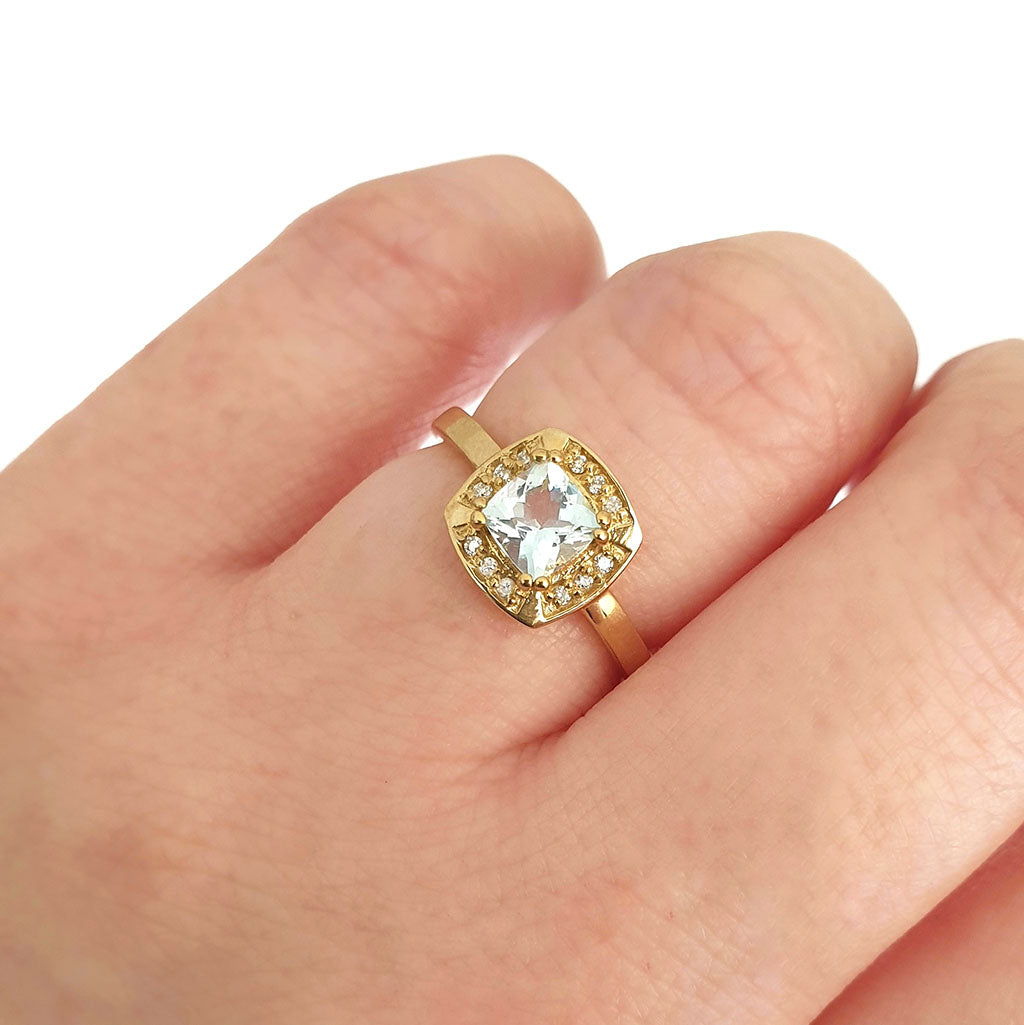   Cushion Cut Aquamarine, Diamond and Gold Ring