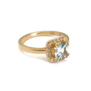   Cushion Cut Aquamarine, Diamond and Gold Ring