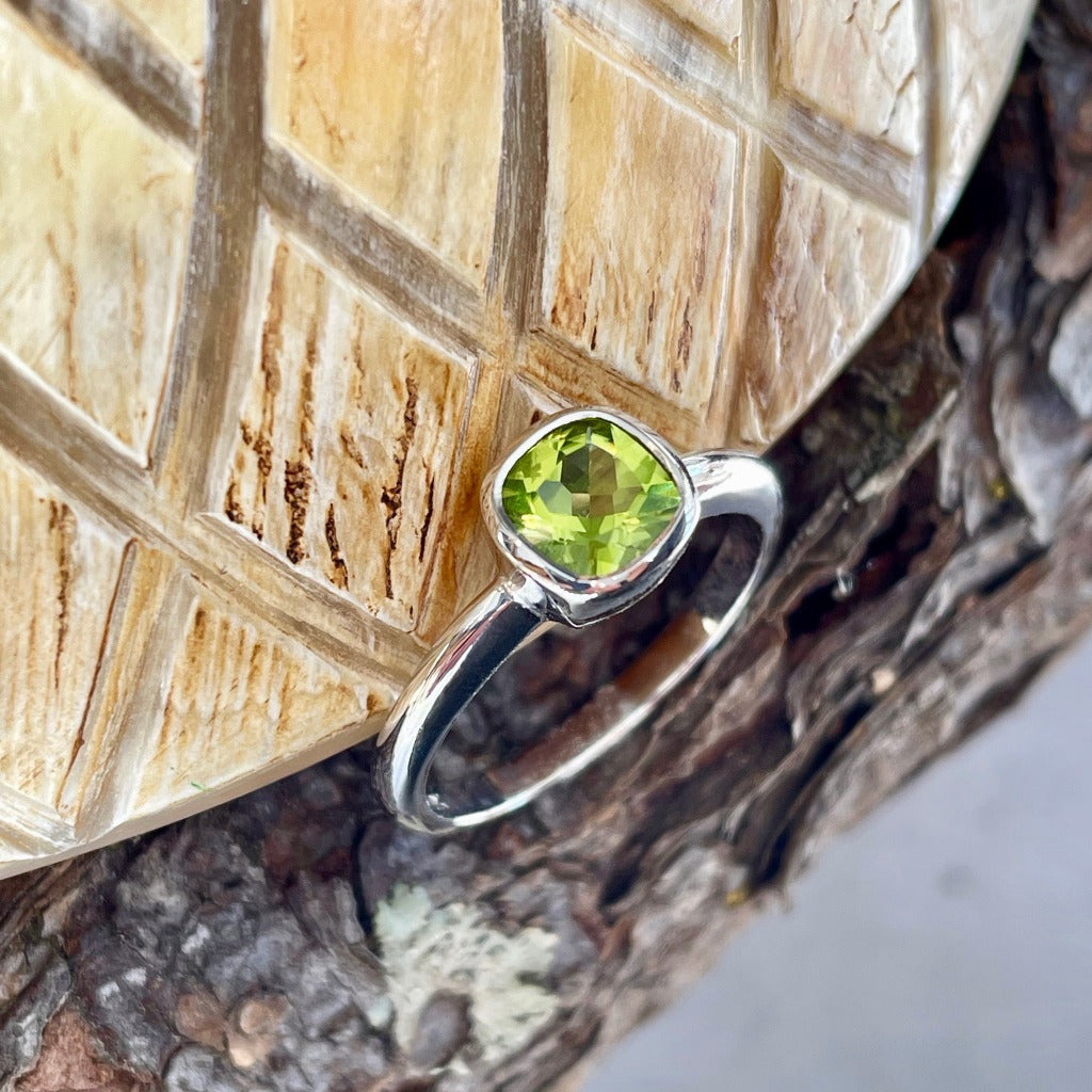 Cushion Cut Bezel Set Peridot Ring