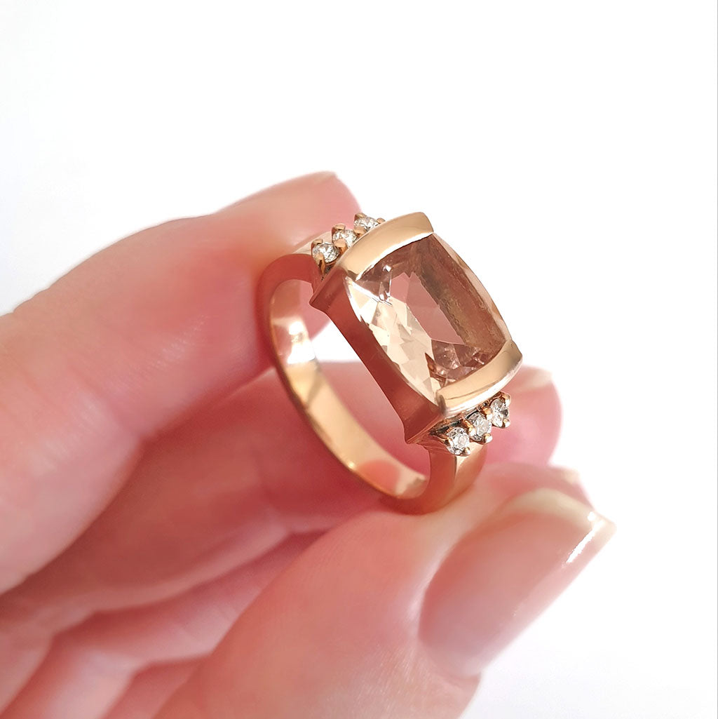 Cushion Cut Morganite, Diamond and Rose Gold Ring