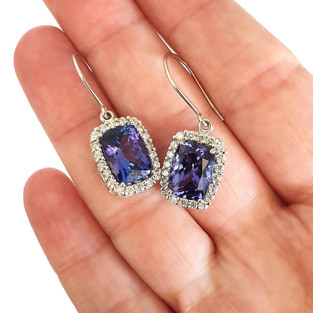 Cushion Cut Tanzanite Earrings with Diamond Halo