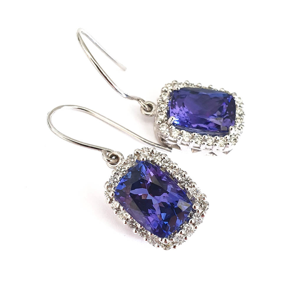 Cushion Cut Tanzanite Earrings with Diamond Halo