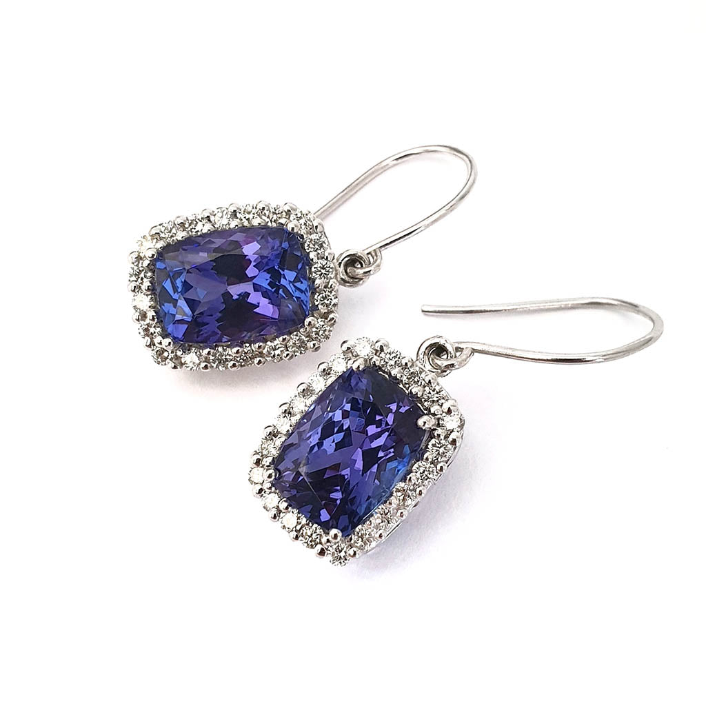 Cushion Cut Tanzanite Earrings with Diamond Halo