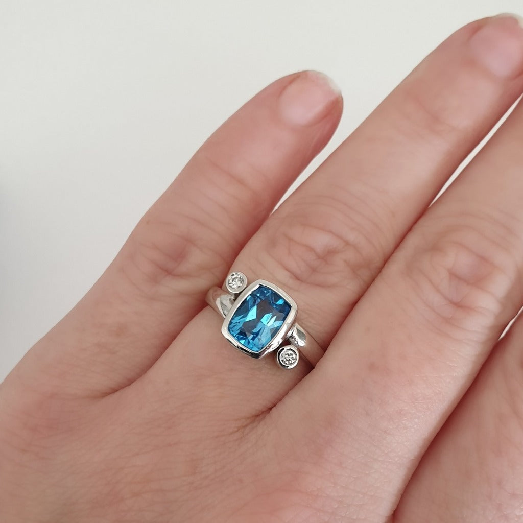 Cushion Cut Blue Topaz Ring with Diamond Accents