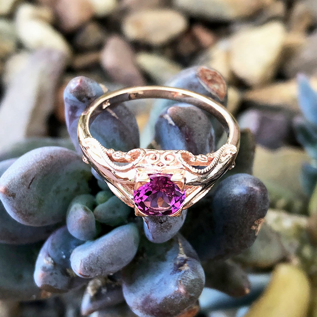 Decorative Filigree and Milgrain Grape Garnet Rose Gold Ring