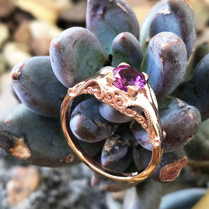 Decorative Filigree and Milgrain Grape Garnet Rose Gold Ring