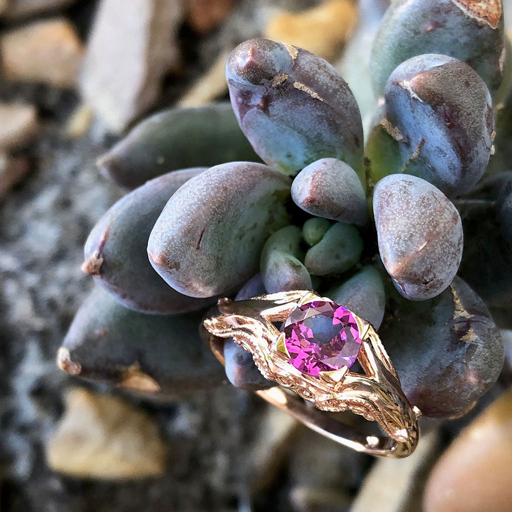 Decorative Filigree and Milgrain Grape Garnet Rose Gold Ring