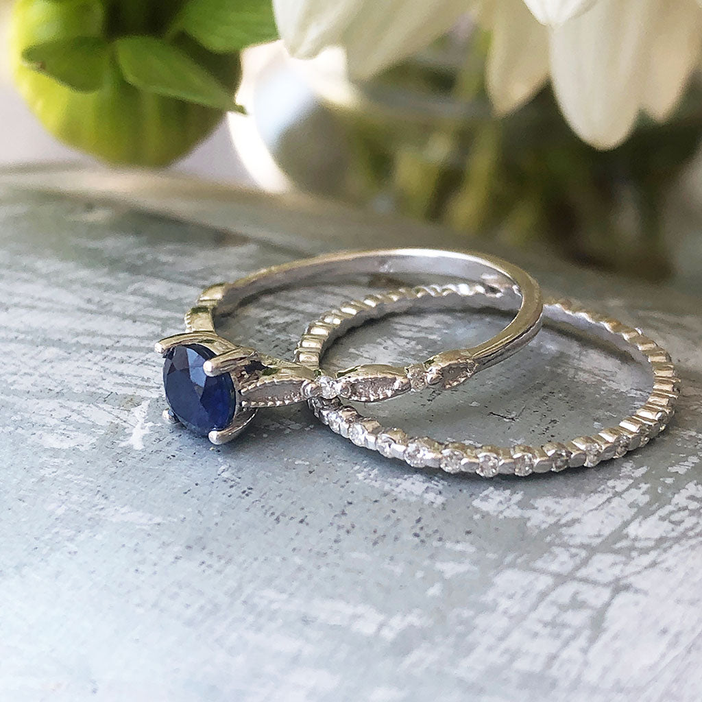 Deep Four Claw Blue Sapphire, Diamond Beaded Wedding Set