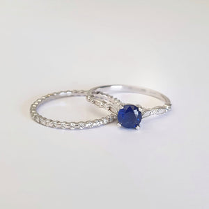 Deep Four Claw Blue Sapphire, Diamond Beaded Wedding Set