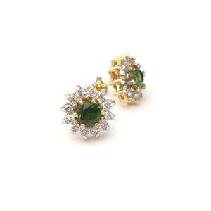 Deep Green Tourmaline and Diamond Halo Yellow Gold Earrings