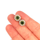 Deep Green Tourmaline and Diamond Halo Yellow Gold Earrings