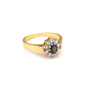 Deep Green Tourmaline and Diamond Halo yellow Gold Ring
