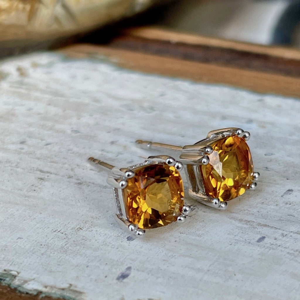 Deep Orange Citrine Double Claw Cushion Cut Studs