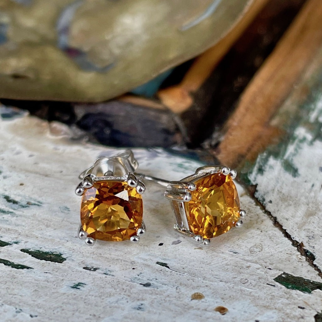 Deep Orange Citrine Double Claw Cushion Cut Studs