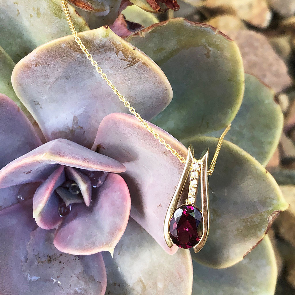 Deep Pink / Purple Oval Rhodalite and Diamond Drop Pendant