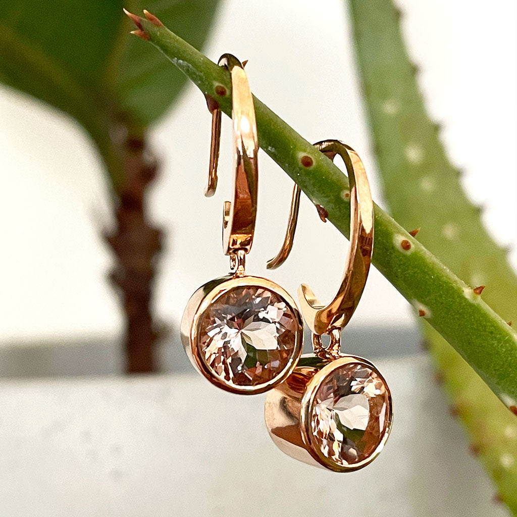 Deep Rose Gold Bezel Set Morganite Hooped Earrings Afrogem Jewellers