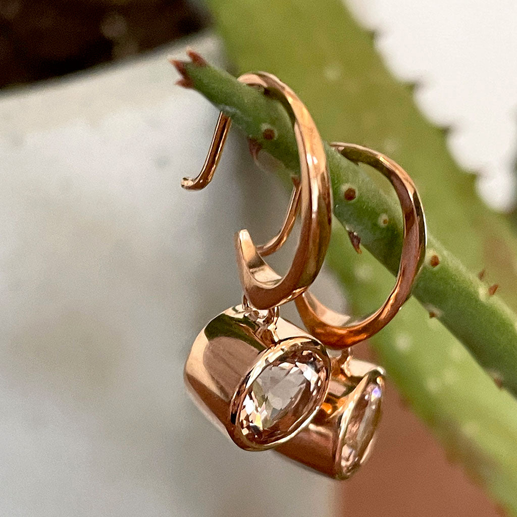 Deep Rose Gold Bezel Set Morganite Hooped Earrings