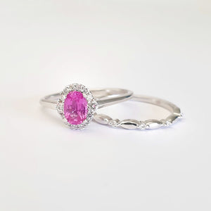Diamond Halo'ed Pink Sapphire and Crimped Diamond Band Wedding Set