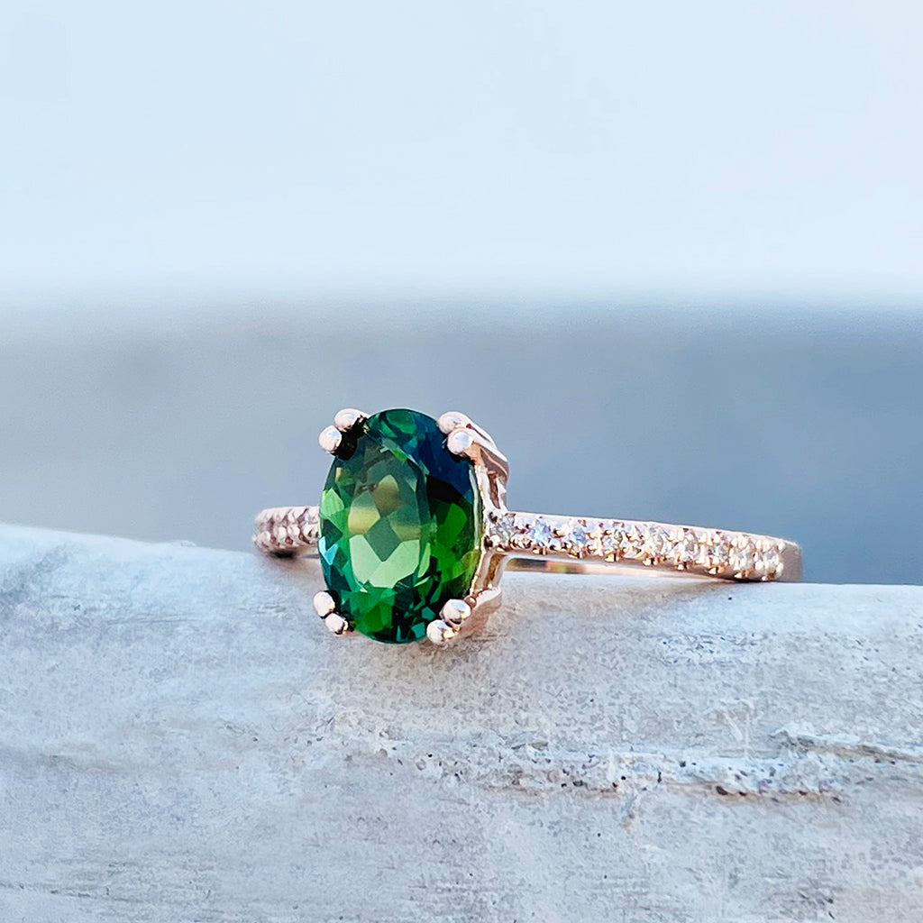 Delicate Oval Green Tourmaline with Diamond Band Ring