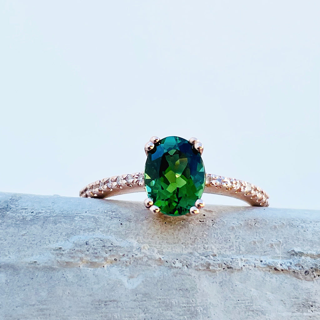 Delicate Oval Green Tourmaline with Diamond Band Ring