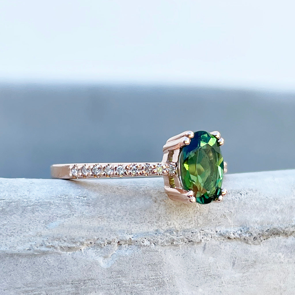 Delicate Oval Green Tourmaline with Diamond Band Ring