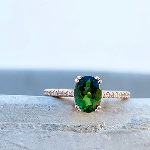 Delicate Oval Green Tourmaline with Diamond Band Ring