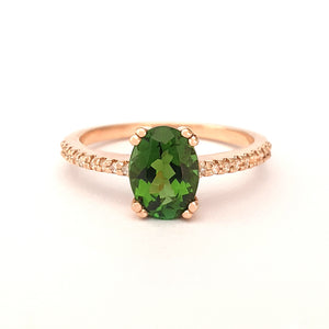 Delicate Oval Green Tourmaline with Diamond Band Ring