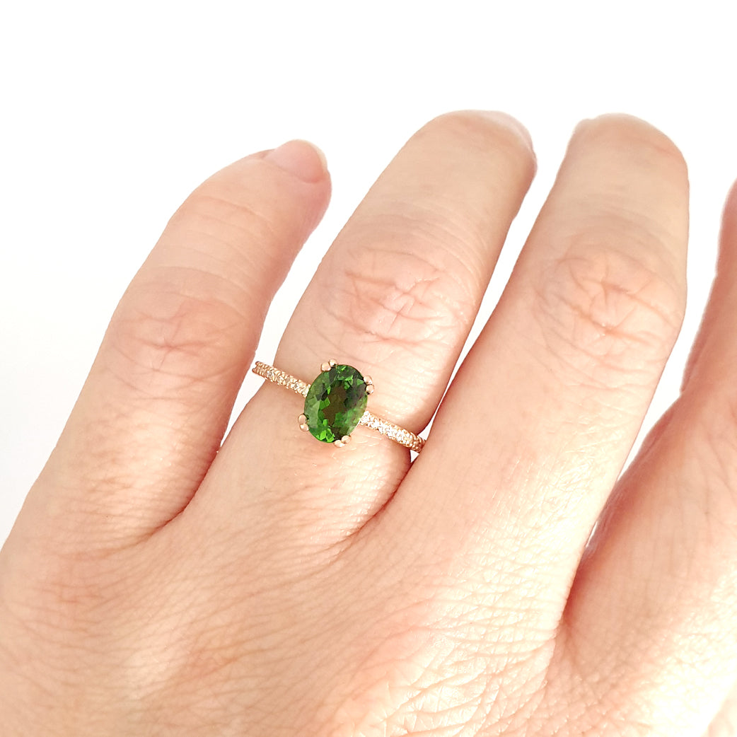 Delicate Oval Green Tourmaline with Diamond Band Ring