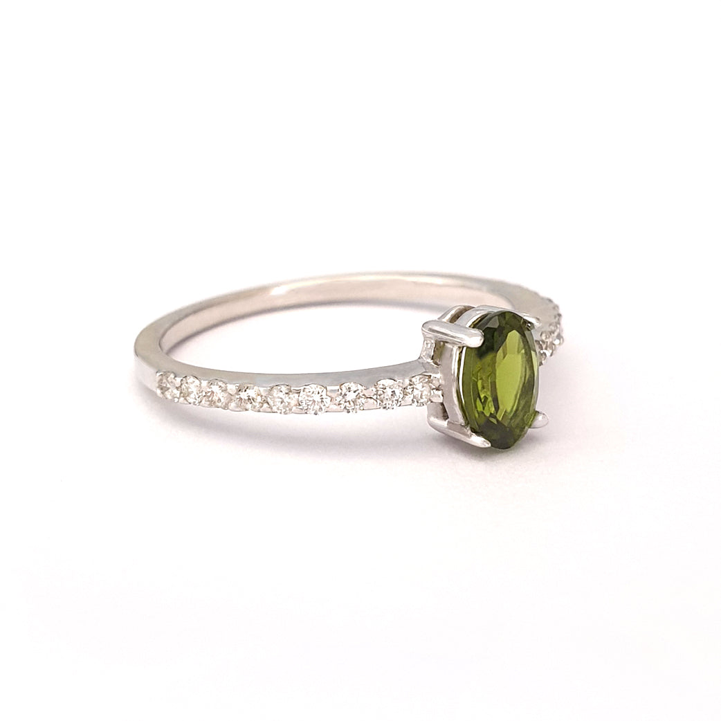 Petite Oval Green Tourmaline and Diamond White Gold Ring