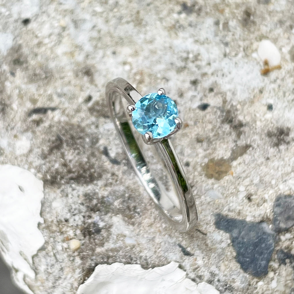 Delicate Solitaire Blue Topaz Four Claw White Gold Ring