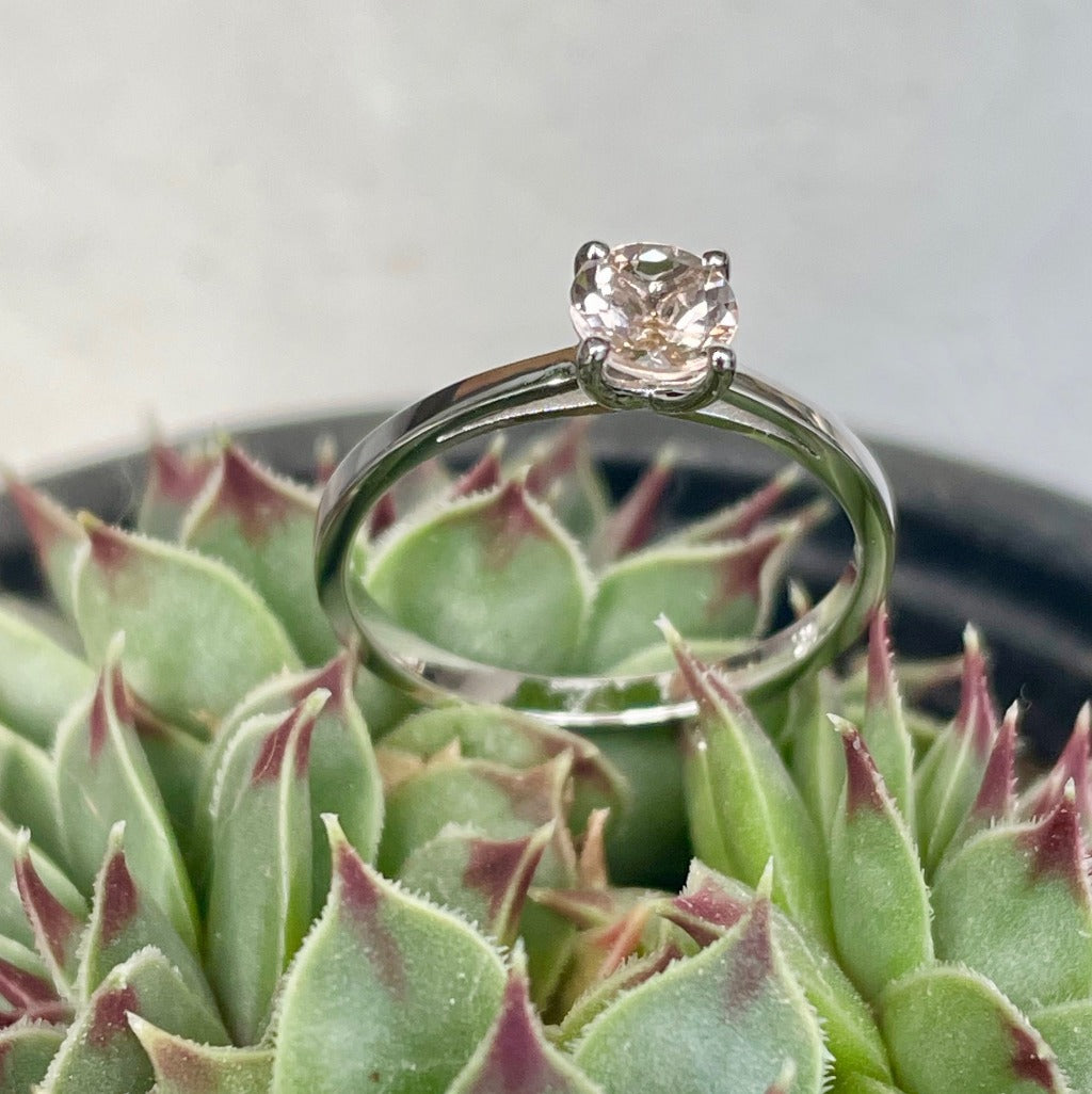 Delicate Solitaire Morganite Four Claw White Gold Ring