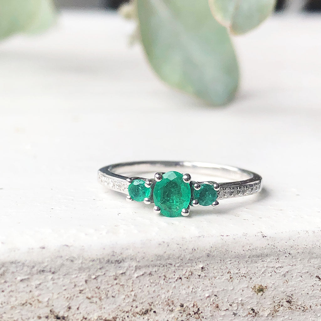 Delicate Trilogy Emerald and Diamond ring