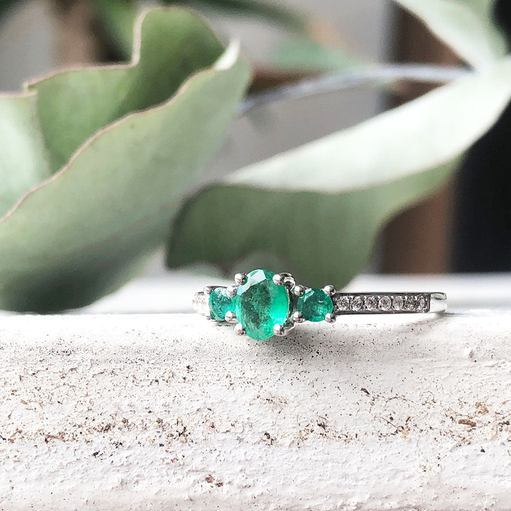 Delicate Trilogy Emerald and Diamond ring